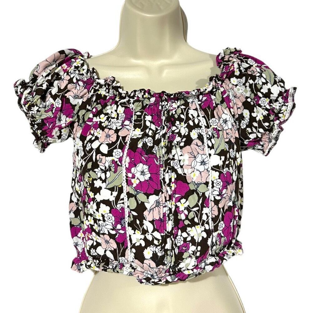 Coco + Jaimeson Women’s Brown Stone Floral Print Elastic Crop Top Blouse Size Me
